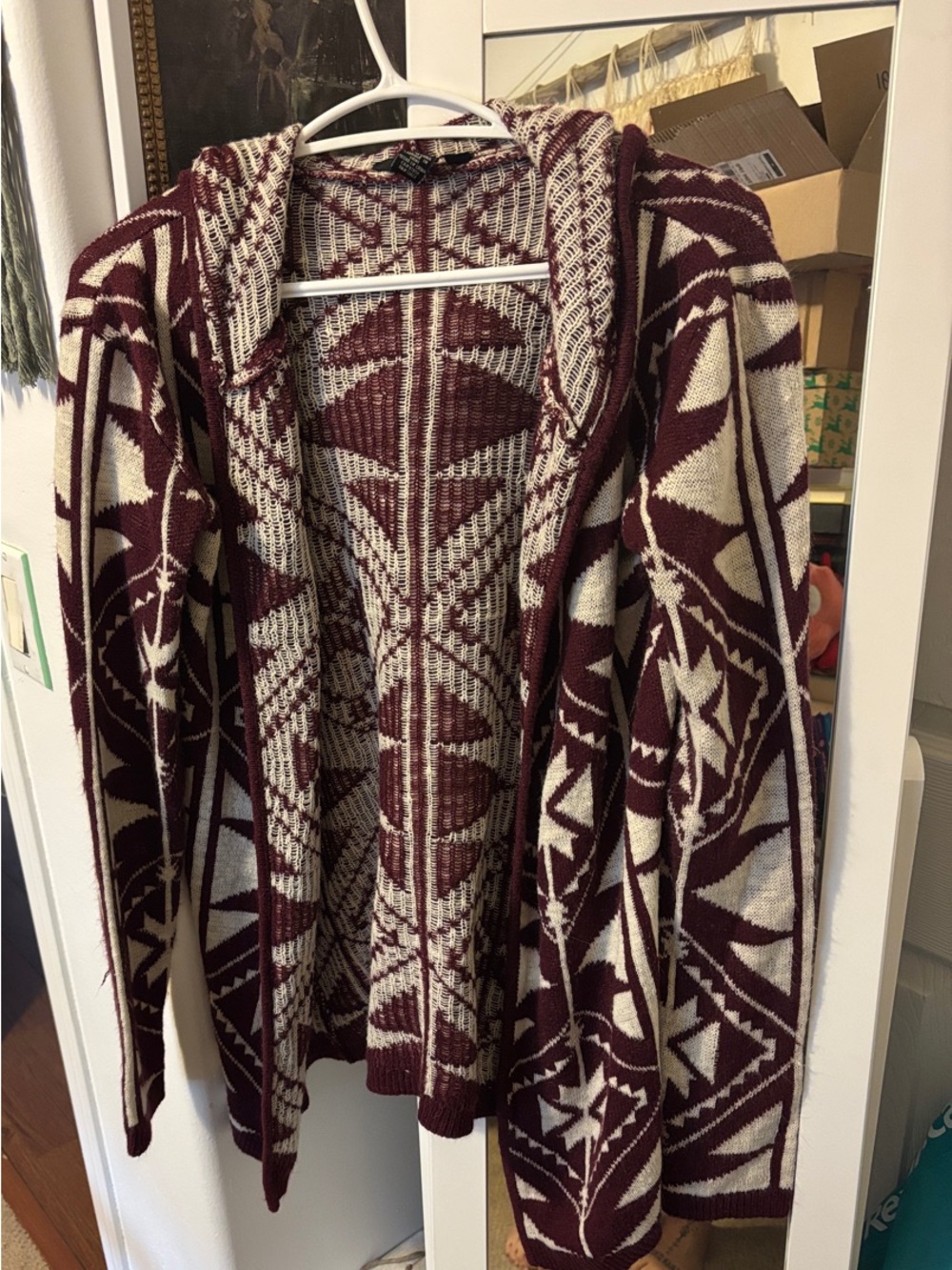 Streetwear Society Maroon and Cream Hooded Geometric Cardigan